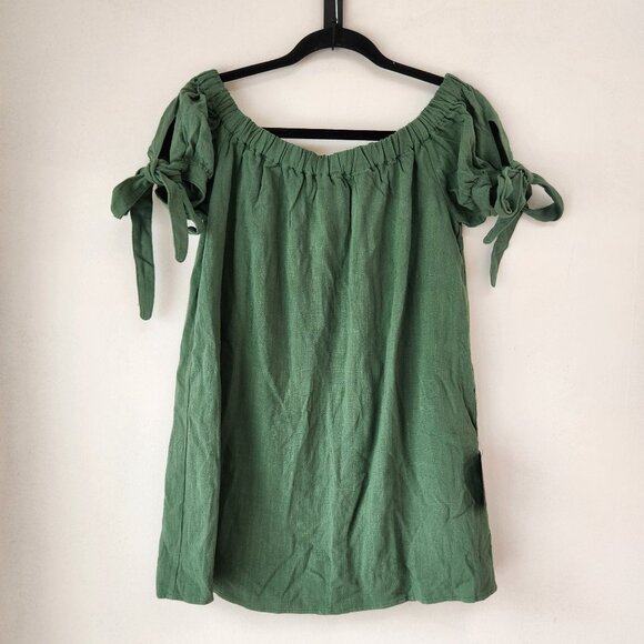 NWT Lulus Al Fresco Evenings Off the Shoulder Green Shift Dress Boho Women's M - Picture 2 of 7